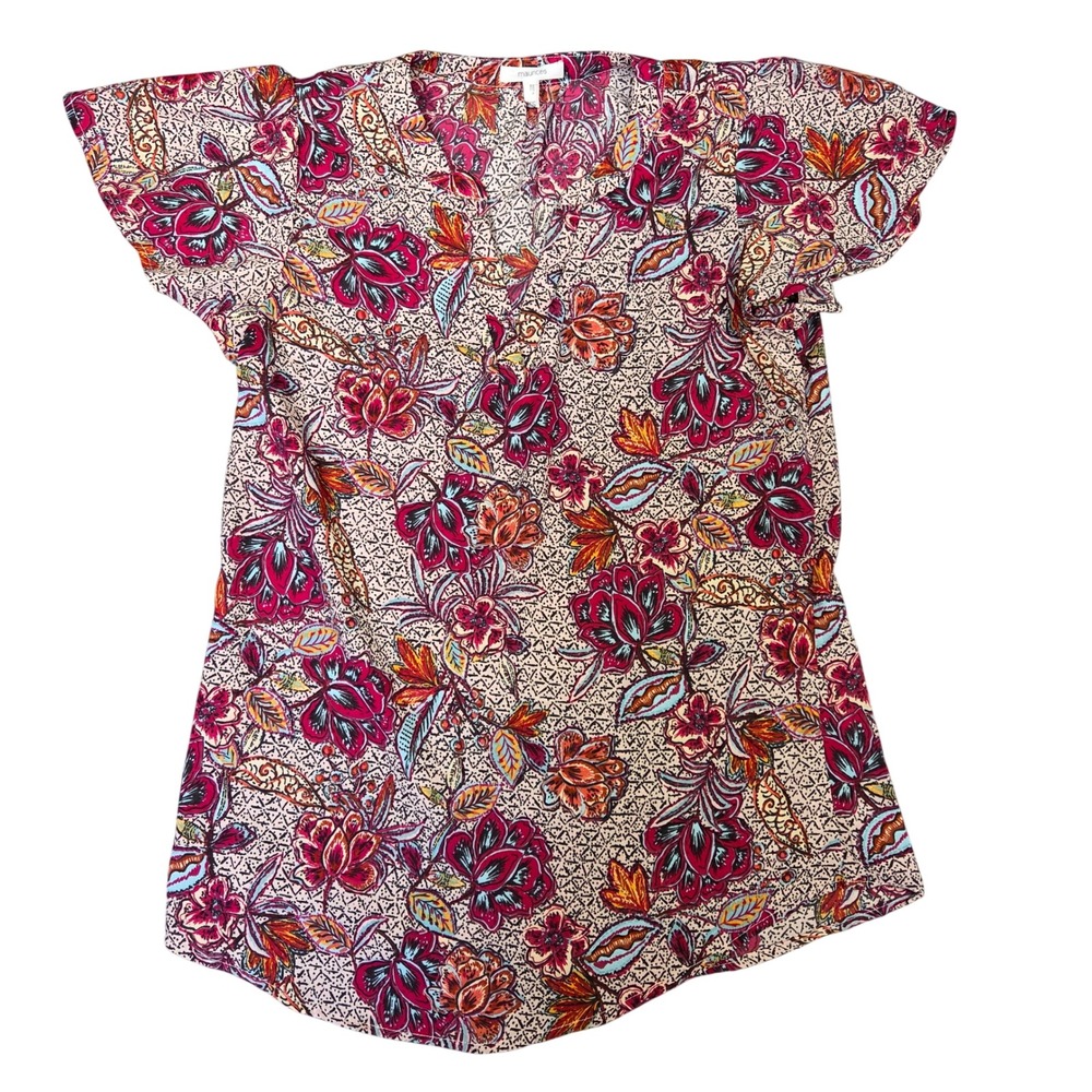 Maurices Womens XS Floral Flutter Sleeve V-Neck Blouse Pink Orange Multicolor